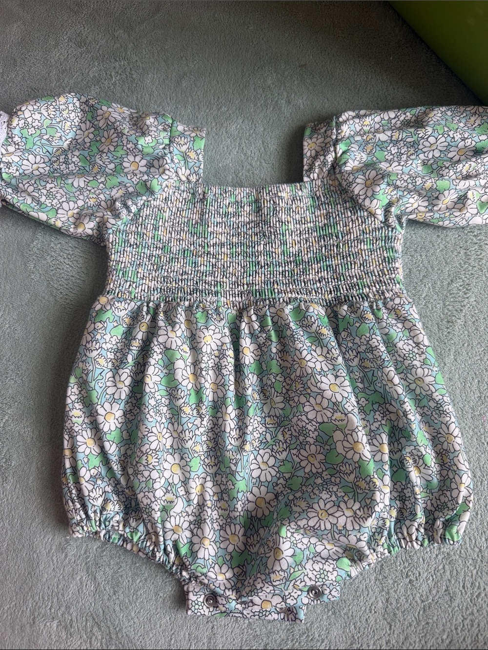 Smocked Floral Puff-Sleeve Baby One-Piece in Mint